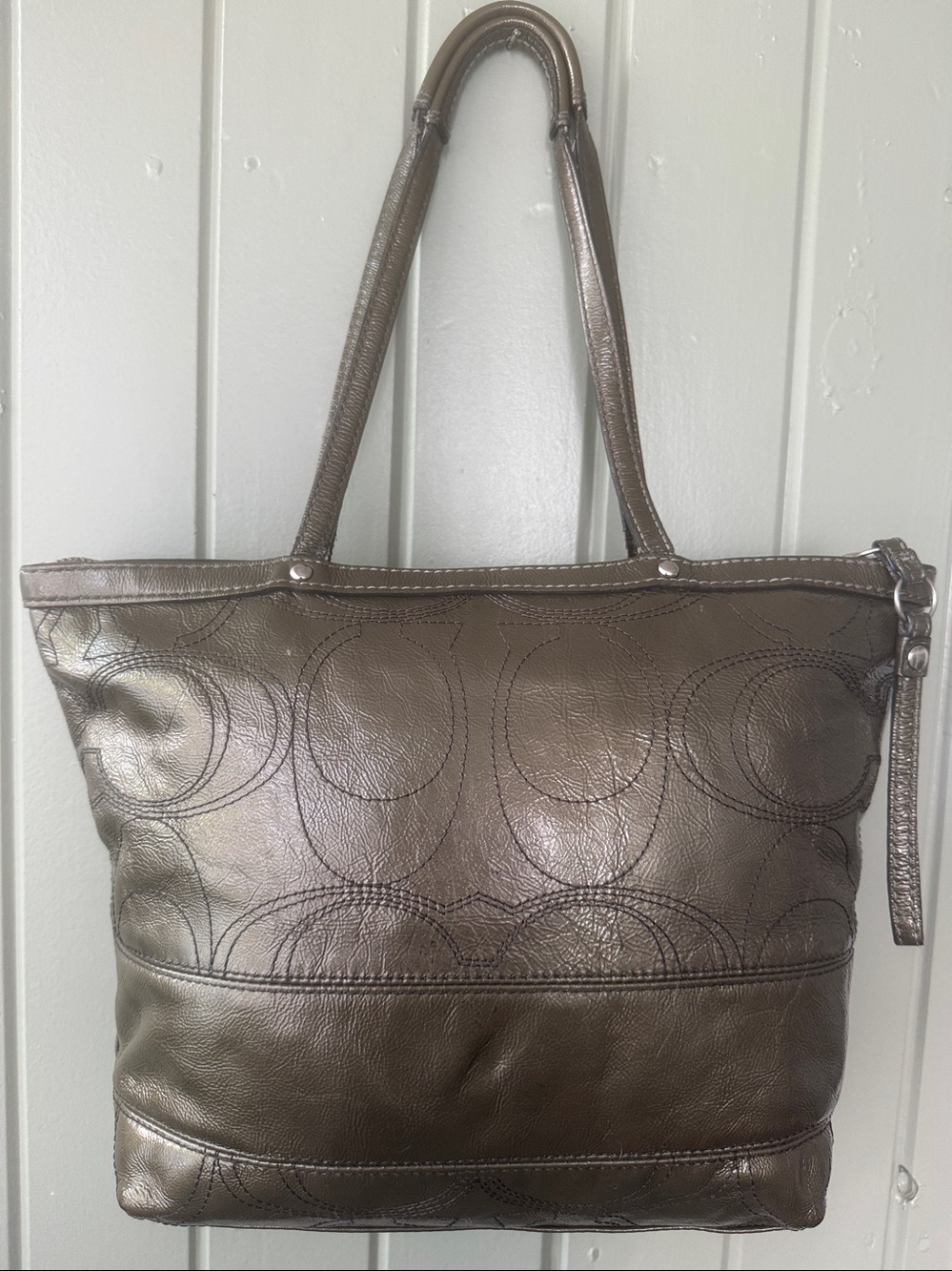 COACH Parker Metallic Leather Tote Olive Bronze Silver Hardware Blue Satin Bag - Picture 8 of 13
